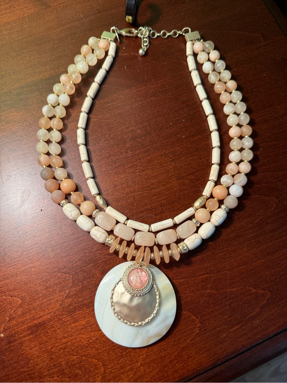 Beige & Blush Multi-Strand & Bead Pendant Necklace